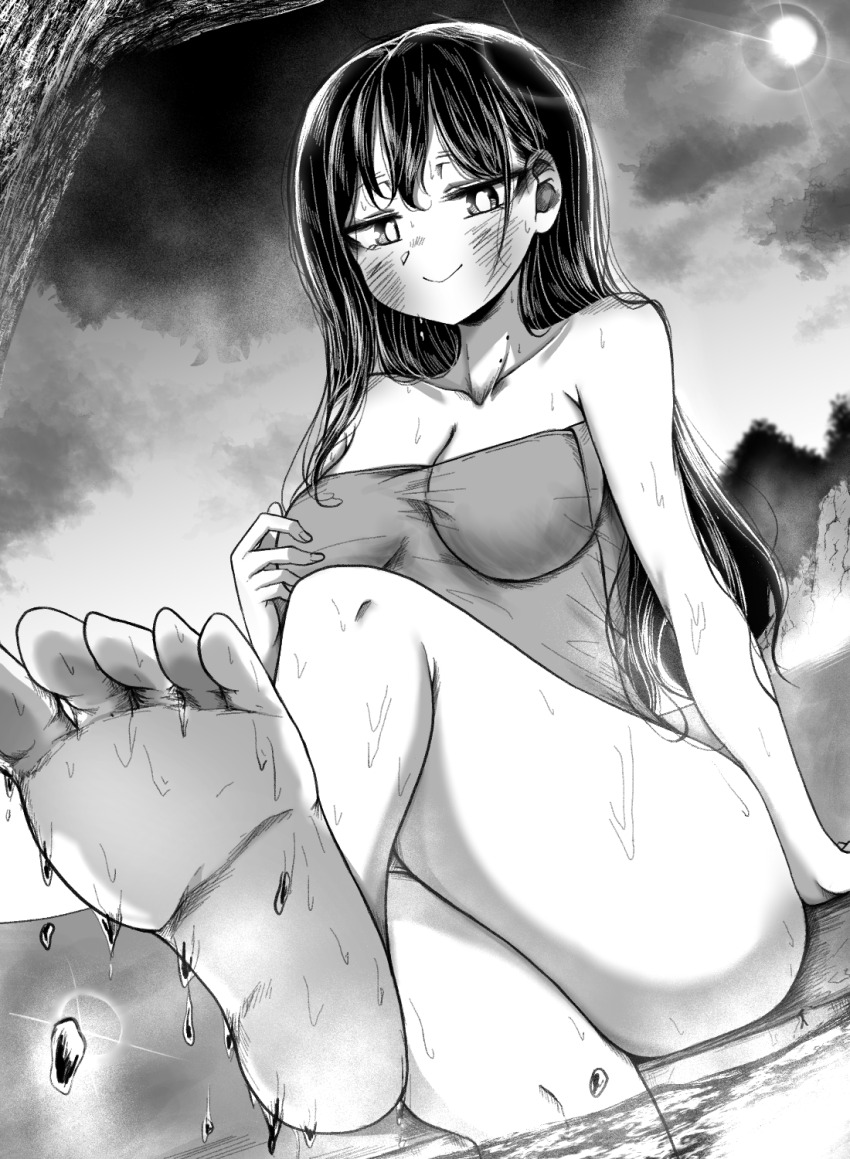 1girl, ao_tanuki, bare_arms, blush, boku_no_kokoro_no_yabai_yatsu, breasts, cave, cleavage