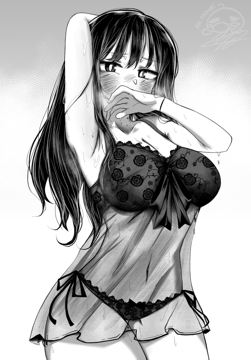 1girl, ao_tanuki, arm_behind_head, arm_up, armpits, bare_shoulders, black_panties, blush