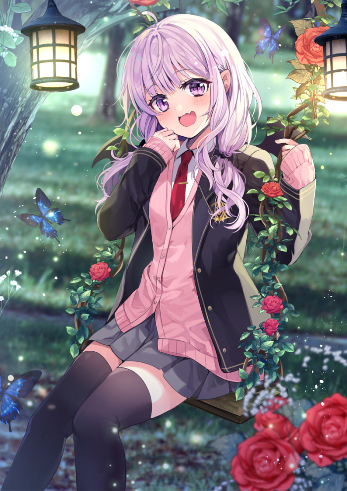 1girl, ahoge, black_jacket, black_thighhighs, butter, camibarez_ursula, chocho_(homelessfox), collared_shirt