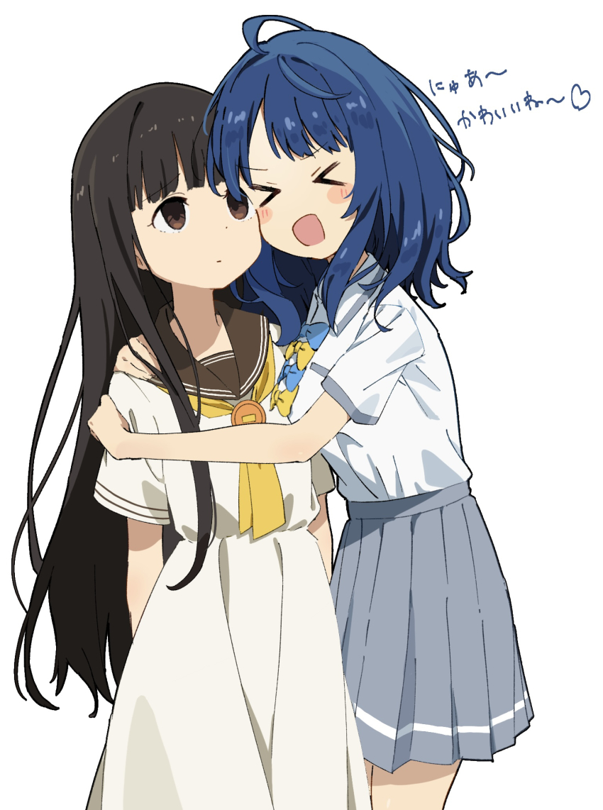 >_<, 2girls, ahoge, black_hair, blue_bow, blue_bowtie, blue_hair, blunt_bangs, blush_stickers, bow, bowtie, brown_eyes, brown_sailor_collar, closed_mouth, commentary_request, cowboy_shot, dress, emu_shido, grey_skirt, highres, hug, long_hair, make_heroine_ga_oo_sugiru!, medium_hair, multiple_girls, neckerchief, nukumizu_kaju, open_mouth, pleated_skirt, sailor_collar, sailor_dress, school_uniform, shirt, shirt_tucked_in, short_sleeves, simple_background, skirt, standing, translation_request, white_background, white_dress, white_shirt, yanami_anna, yellow_bow, yellow_bowtie, yellow_neckerchief