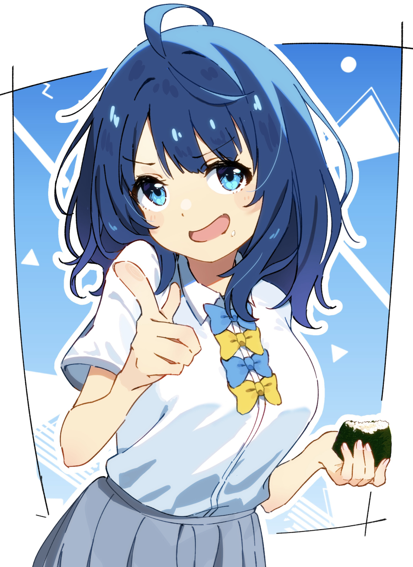 1girl, absurdres, ahoge, blue_background, blue_bow, blue_bowtie, blue_eyes, blue_hair