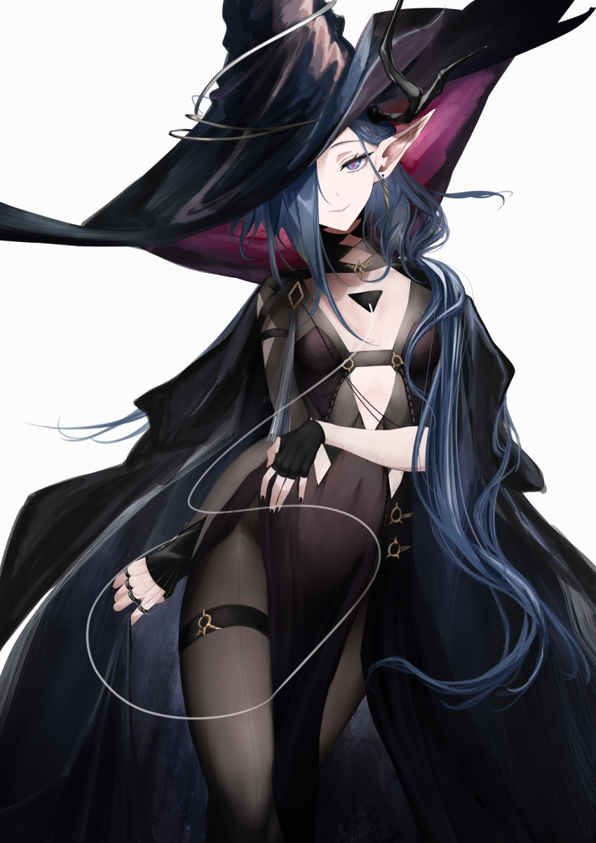 1girl, absurdres, amamiya_(1201hlx), arknights, black_hat, black_pantyhose, blue_eyes, blue_hair, breasts, commentary, ermengarde_(arknights), hair_over_one_eye, hat, highres, large_hat, long_hair, pantyhose, pink_pupils, small_breasts, solo, thigh_strap, witch, witch_hat