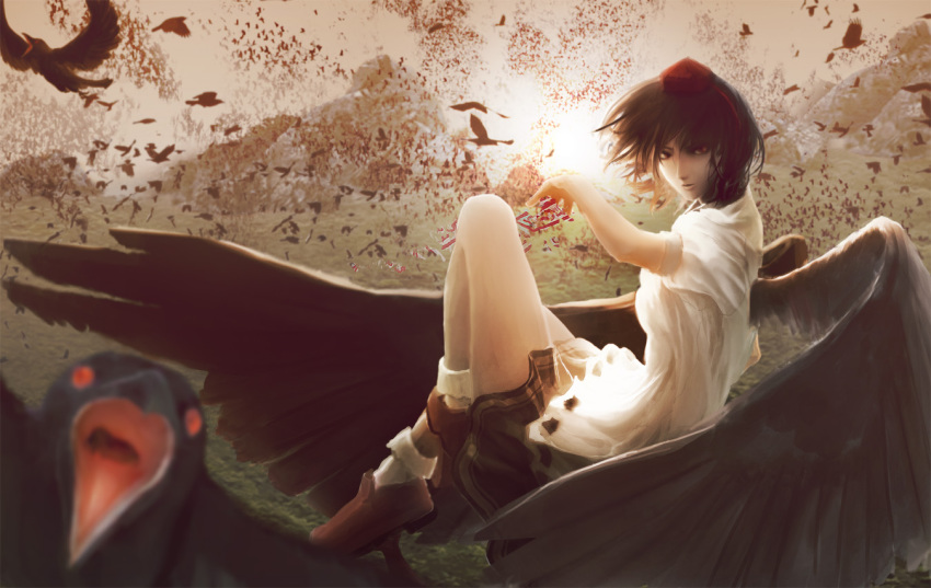 1girl, bad_id, bad_pixiv_id, beak, bird, blurry, brown_hair, crow