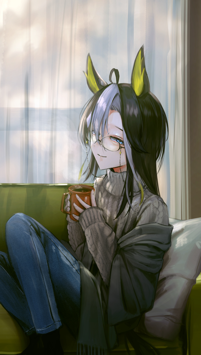 .1, .s, 1girl, ahoge, animal_ear_fluff, animal_ears, black_blanket, black_gloves, black_sclera, blonde_hair, blue_eyes, blue_hairband, blue_pants, closed_mouth, coffee, colored_inner_animal_ears, colored_sclera, couch, curtains, denim, dream_journey_(umamusume), glass, gloves, grey_sweater, hair_between_eyes, hair_over_one_eye, hairband, highres, horse_ears, horse_girl, indoors, jeans, long_sleeves, looking_at_viewer, multicolored_hair, pants, pillow, seikatsu, single_hair_intake, sitting, smile, solo, streaked_hair, sweater, turtleneck, turtleneck_sweater, umamusume, white_hair, window