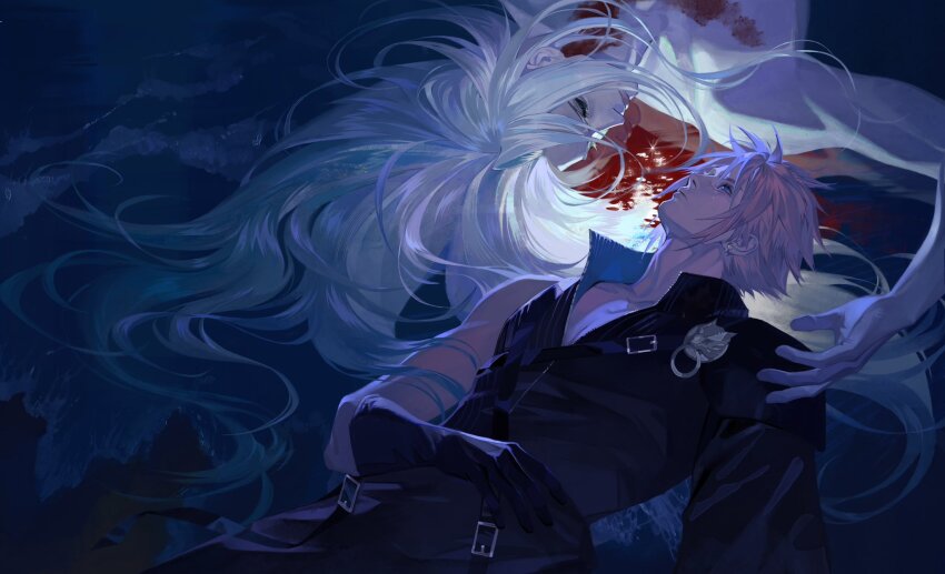 2boys, alina99liang, belt, black_belt, black_gloves, blonde_hair, blood, blood_on_neck