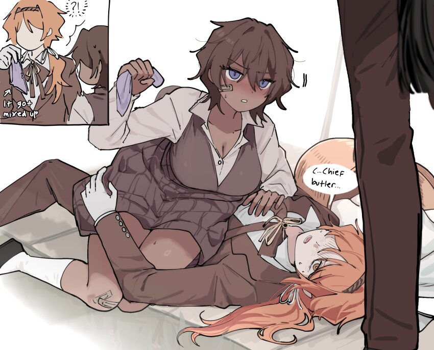 1girl, 2boys, accidental_pervert, bandaid, bandaid_on_face, bandaid_on_knee, bandaid_on_leg, blue_eyes