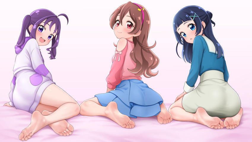 3girls, ahoge, aokaze_nana, aqua_ribbon, barefoot, blue_eyes, blue_hair, blue_shirt, blue_skirt, blush, brown_hair, closed_mouth, clothing_cutout, commentary, commentary_request, feet, fortissimo, grey_skirt, hair_bun, hair_intakes, hair_ornament, hair_ribbon, hairband, highres, hinosaki, hood, hoodie, kimi_to_idol_precure, long_hair, long_sleeves, medium_hair, multiple_girls, musical_note, musical_note_hair_ornament, open_mouth, paid_reward_available, partial_commentary, pink_hairband, precure, purple_eyes, purple_hair, purple_hoodie, purple_skirt, red_eyes, red_shirt, ribbon, sakura_uta_(precure), shigure_kokoro, shirt, shoulder_cutout, single_hair_bun, skirt, smile, soles, toes, twintails