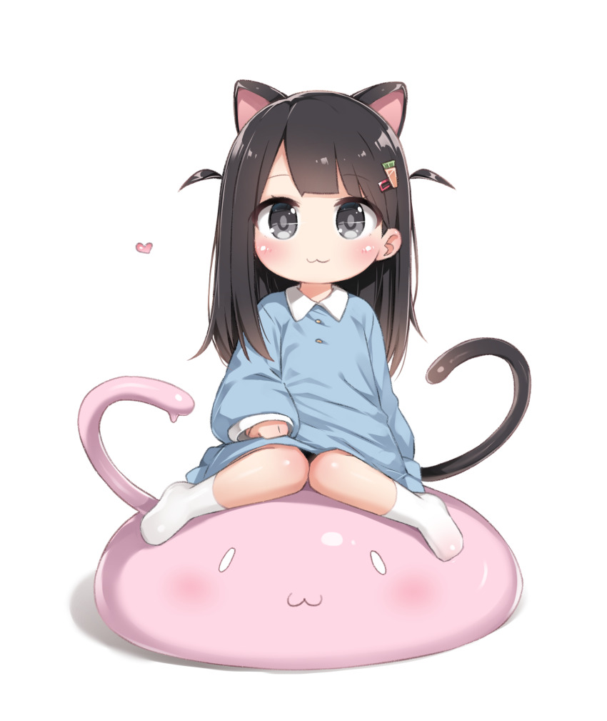 1girl, :3, animal_ears, black_eyes, black_hair, blue_dress, cat_ears, cat_girl