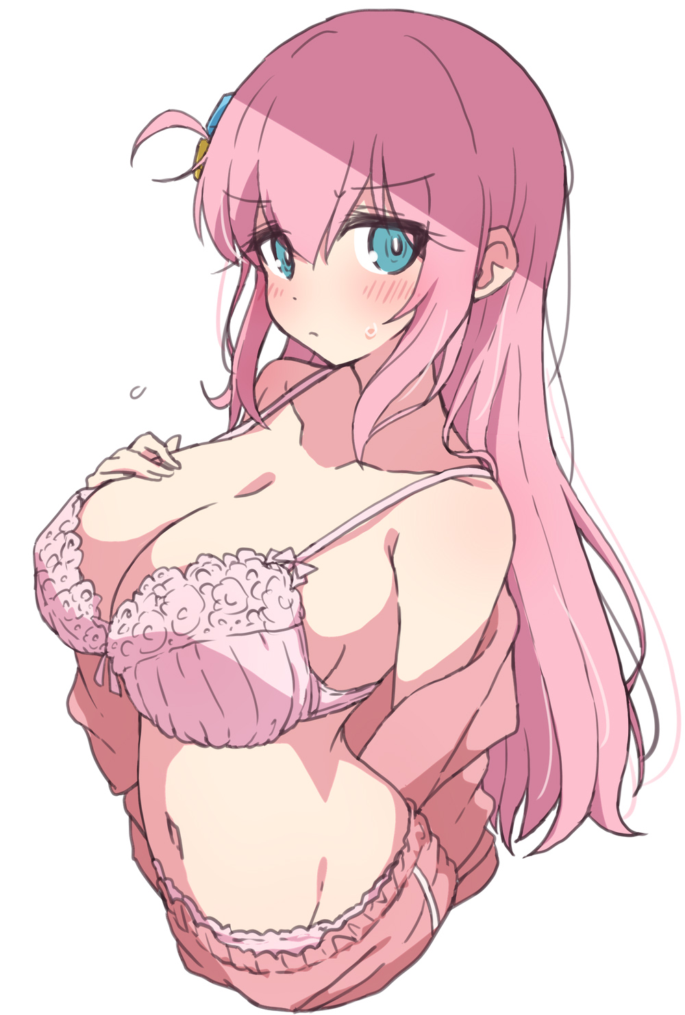 1girl, aqua_eyes, blush, bocchi_the_rock!, bra, breasts, cleavage, closed_mouth