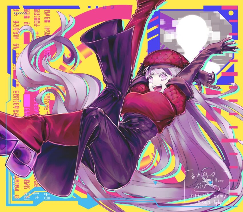 1girl, breasts, gloves, hands_up, hat, high_heels, jewelry, long_hair