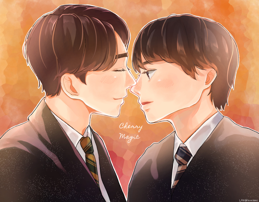 2boys, 30-sai_made_doutei_dato_mahoutsukai_ni_nareru_rashii, adachi_kiyoshi, brown_hair, closed_eyes, copyright_name, highres, kurosawa_yuuichi_(30-sai_made_doutei_dato_mahoutsukai_ni_nareru_rashii), male_focus, multiple_boys, necktie, orange_background, shichise, short_hair, smile, thick_eyebrows, yaoi