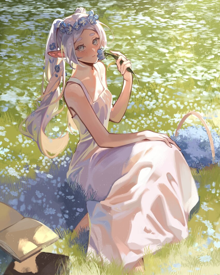 1girl, book, commentary, dress, elf, flower, frieren, grass
