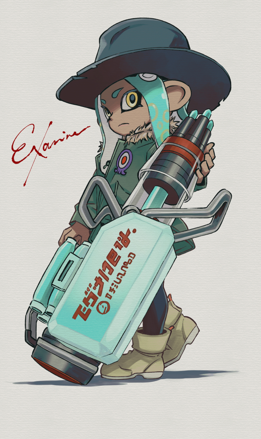 1girl, absurdres, black_leggings, blue_hat, boots, brown_boots, coat, cowboy_hat