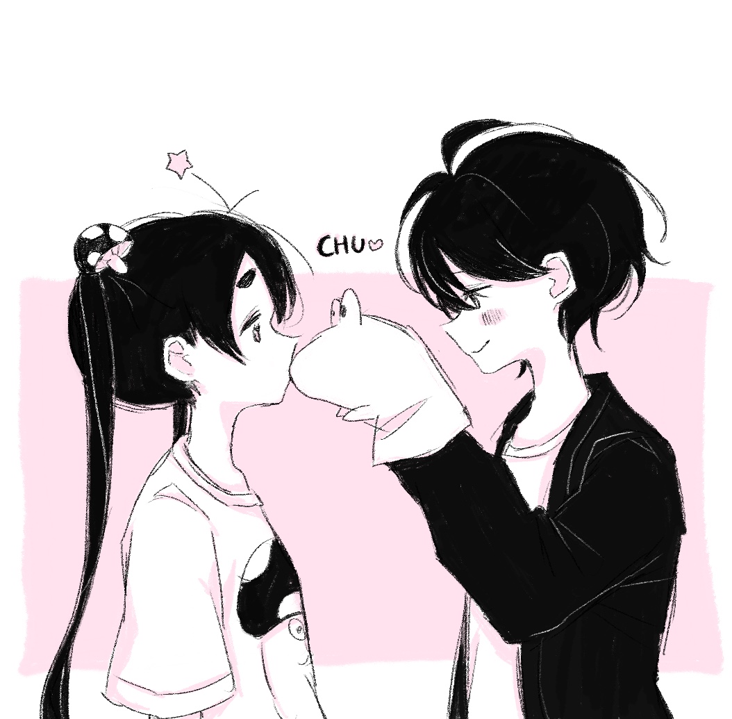 1boy, 1girl, black_hair, character_print, dead_dead_demons_de_dedede_destruction, hand_puppet, hetero, isobeyan