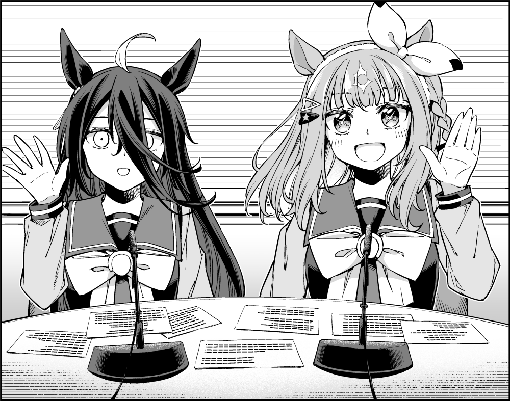 2girls, ahoge, almond_eye_(umamusume), animal_ears, black_border, blunt_bangs, border, bow