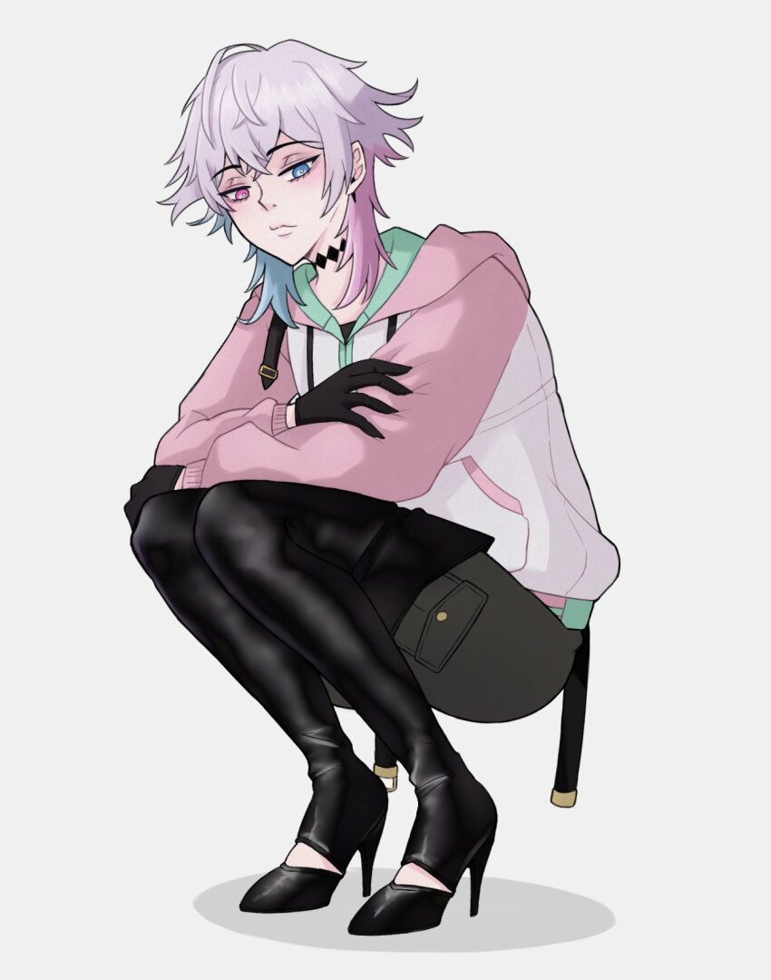 1boy, alternate_costume, androgynous, black_gloves, blue_eyes, blue_hair, blush, boots, commentary, crossed_arms, crossed_bangs, diamond_(shape), english_commentary, eyelashes, eyeshadow, flipped_hair, gavis_bettel, gloves, grey_hair, hair_between_eyes, heterochromia, high_heel_boots, high_heels, highres, holostars, holostars_english, hood, hoodie, long_sleeves, looking_at_viewer, lumy_bell, makeup, male_focus, medium_hair, multicolored_hair, multicolored_hoodie, pastel_colors, pink_eyes, pink_eyeshadow, pink_hair, pink_hoodie, solo, squatting, thigh_boots, virtual_youtuber, white_background