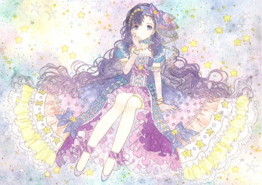 1girl, bodice, bow, breasts, cleavage, dress, faux_traditional_media, frilled_dress