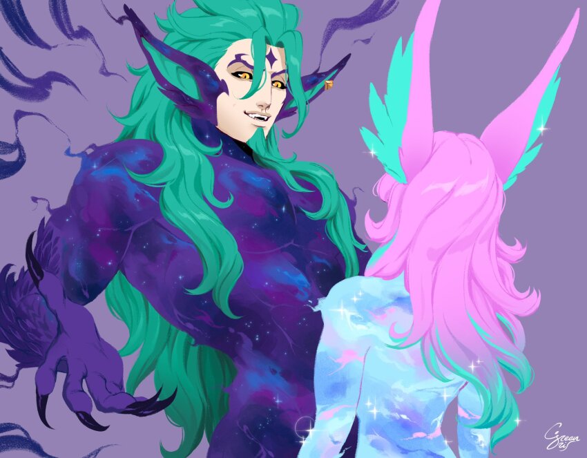 1boy, 1girl, black_sclera, colored_sclera, cowboy_shot, earrings, fangs, green_(greeniris)