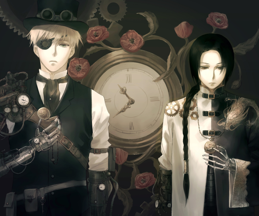2boys, alternate_costume, ascot, axis_powers_hetalia, belt, black_ascot, black_background, black_hair