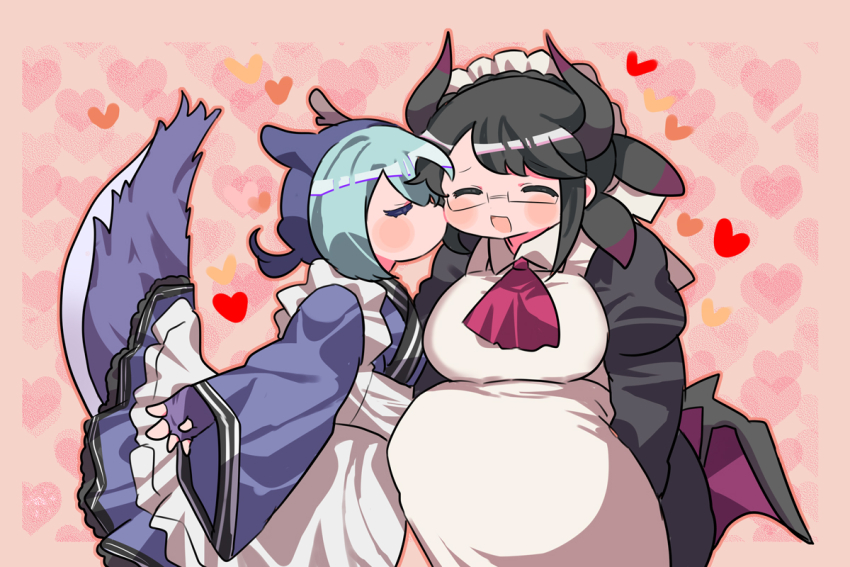 2girls, apron, arms_between_legs, black_hair, blue_kimono, braid, closed_eyes, dragon_girl, dragon_horns, dragon_tail, dragon_wings, duel_monster, eastern_dragon_horns, fingerless_gloves, glasses, gloves, heart, heart_background, horns, house_dragonmaid, japanese_clothes, kimono, kiss, kissing_cheek, laundry_dragonmaid, long_sleeves, maid, maid_apron, maid_headdress, multiple_girls, open_mouth, pink_background, short_twintails, simple_background, sleeves_past_wrists, tail, tail_raised, twintails, wa_maid, white_apron, wings, yamada_(nou_74), yu-gi-oh!