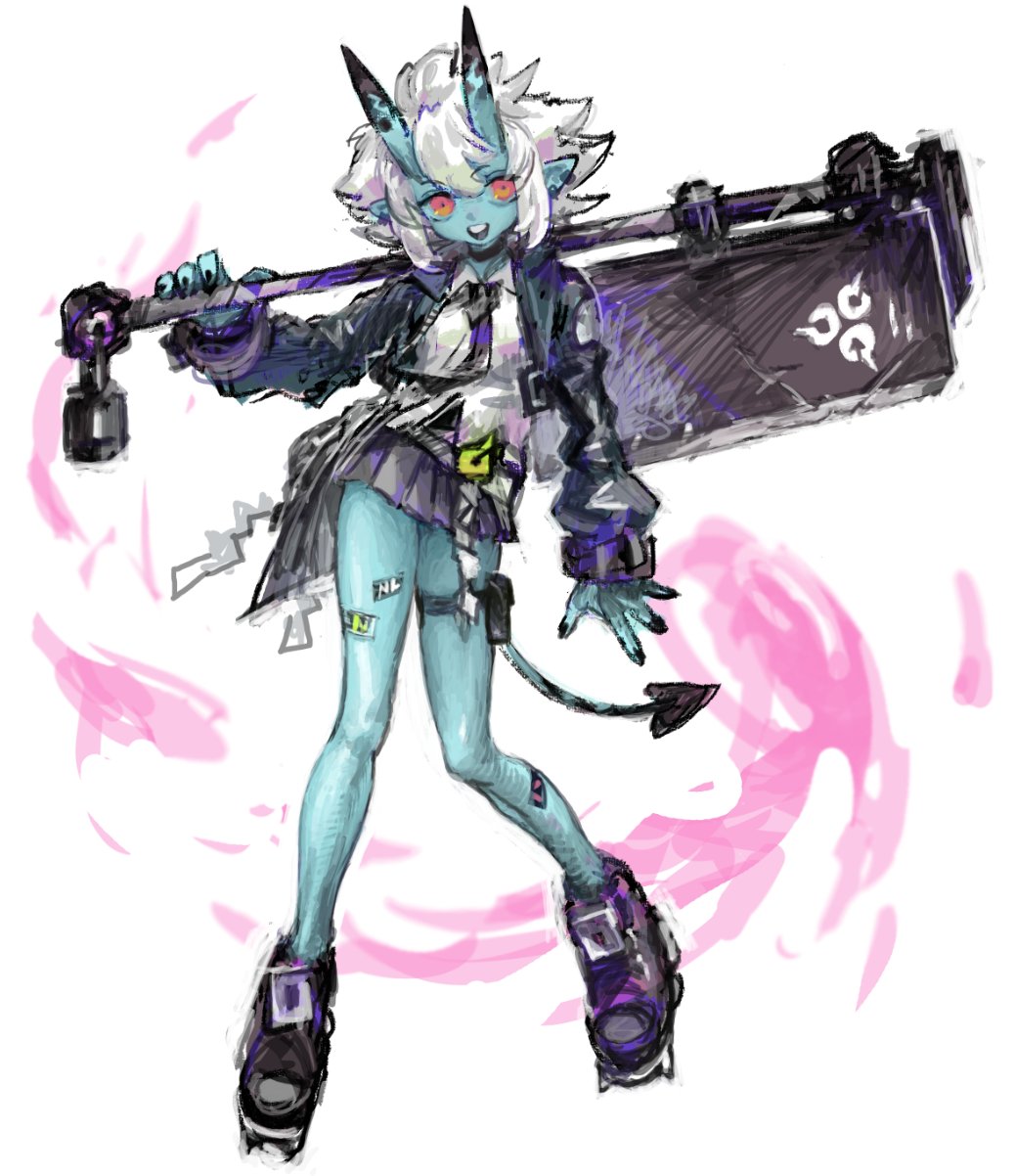 1girl, axe, battle_axe, black_boots, black_jacket, black_nails, black_necktie, black_skirt