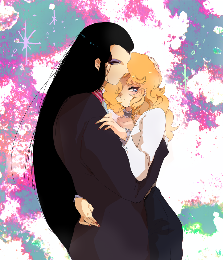 2boys, androgynous, bad_id, bad_pixiv_id, black_hair, blonde_hair, choker, eyeshadow