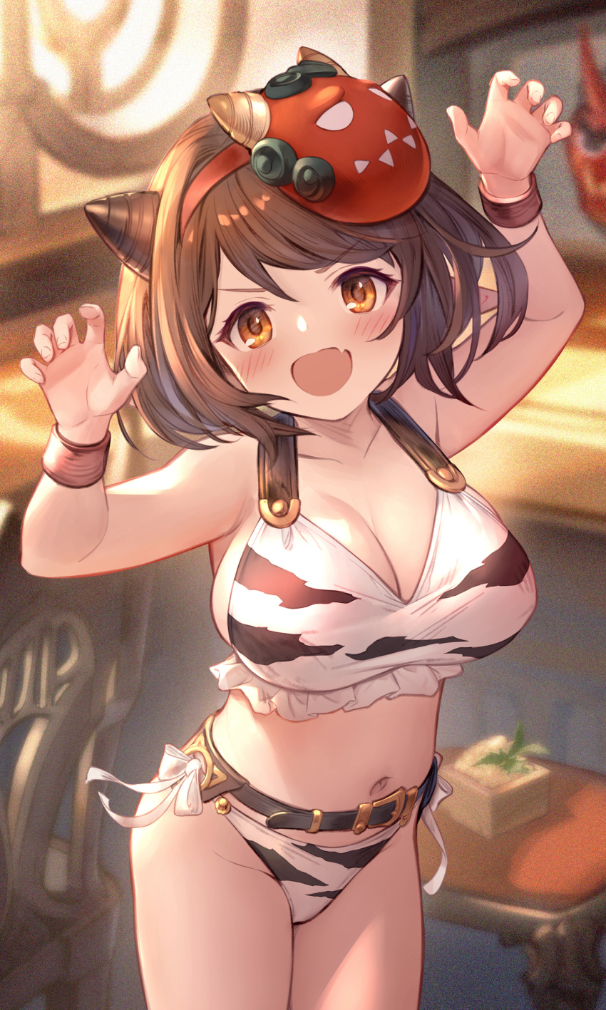 1girl, :d, absurdres, animal_print, armpits, bikini, blurry, blurry_background