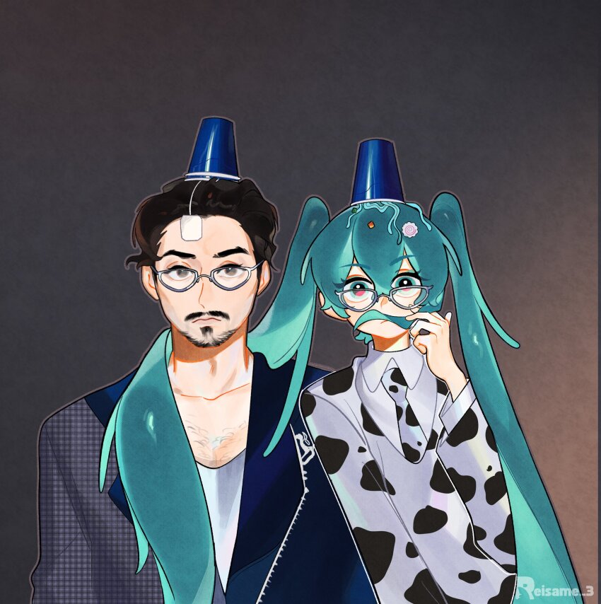 1boy, 1girl, animal_print, aqua_eyes, aqua_hair, bbno$, chest_hair, cow_print