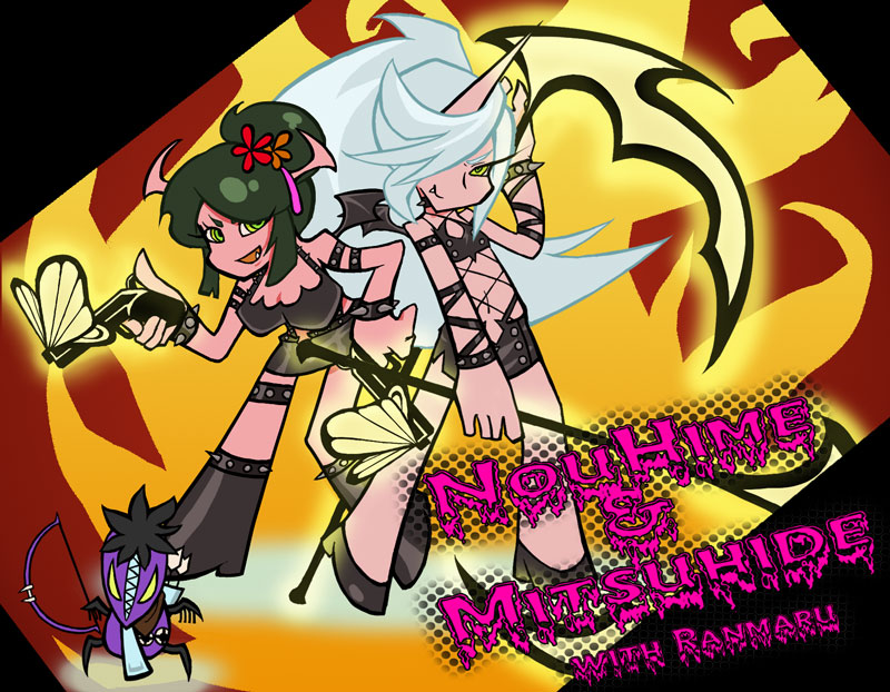 2girls, akechi_mitsuhide_(sengoku_basara), mori_ranmaru_(sengoku_basara), multiple_girls, navel, nouhime_(sengoku_basara), panty_&amp;_stocking_with_garterbelt, parody