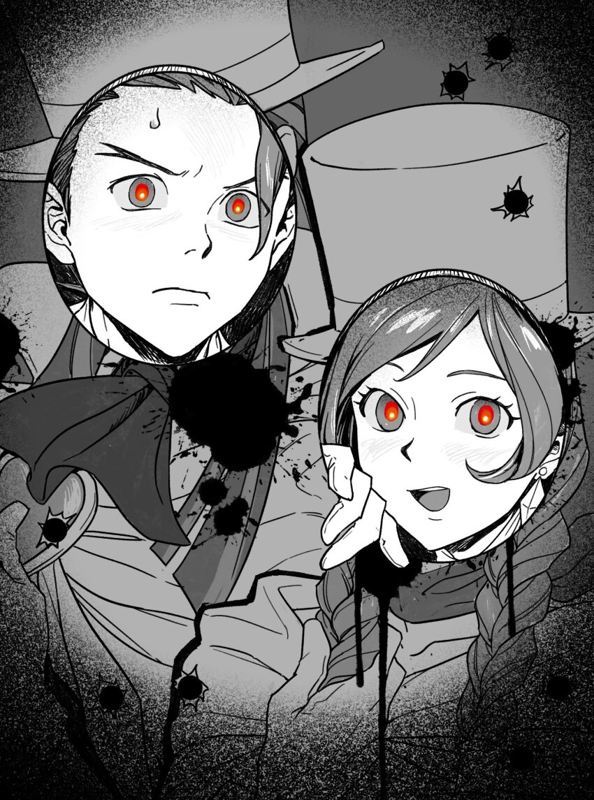 1boy, 1girl, ace_attorney, apollo_justice, apollo_justice:_ace_attorney, blood, blood_splatter, braid, bullet_hole, cape, chapssal_17, character_cutout, collarbone, earrings, frown, gloves, hat, highres, holding, holding_own_hair, jewelry, lamiroir_(ace_attorney), long_hair, neckerchief, red_pupils, small_sweatdrop, smile, teeth, top_hat, trucy_wright, twin_braids, upper_teeth_only, valant_gramarye