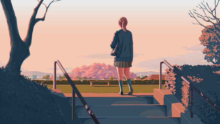 1girl, backlighting, bag, bare_tree, bench, blue_jacket, blue_socks, brown_hair