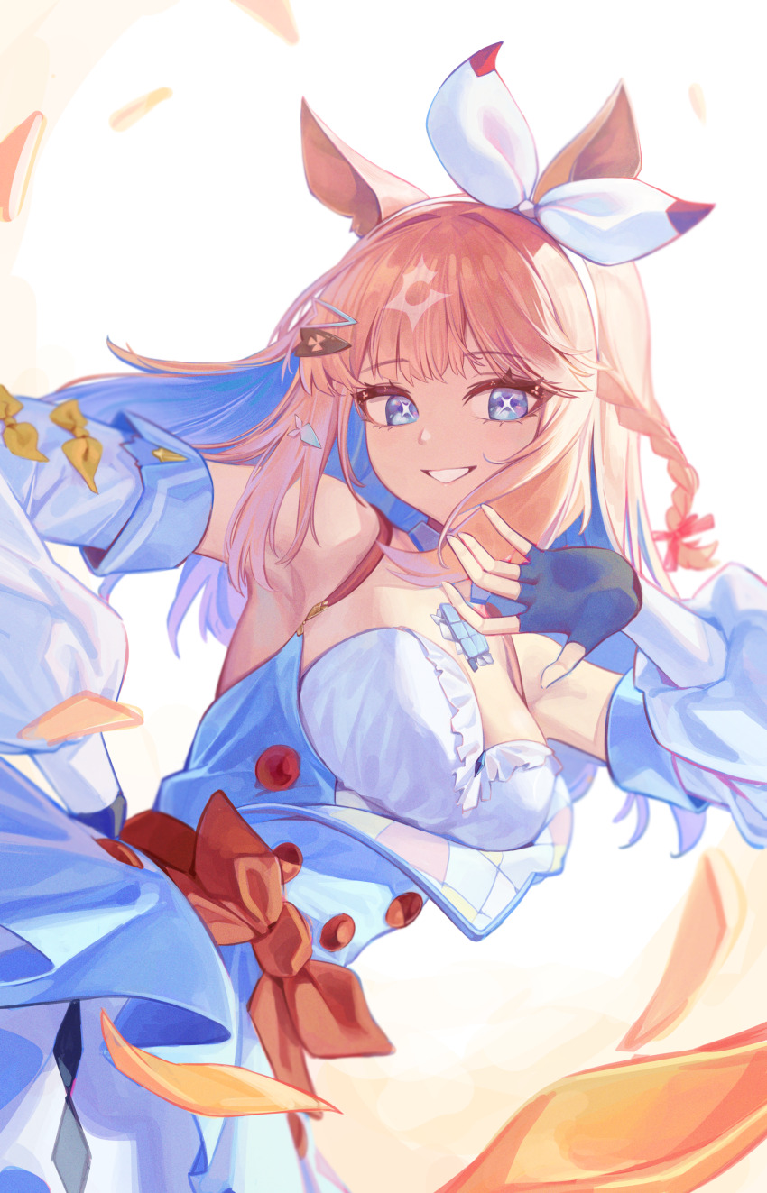 1girl, absurdres, almond_eye_(the_changer)_(umamusume), almond_eye_(umamusume), animal_ears, blue_eyes, blush, bokk_eouh