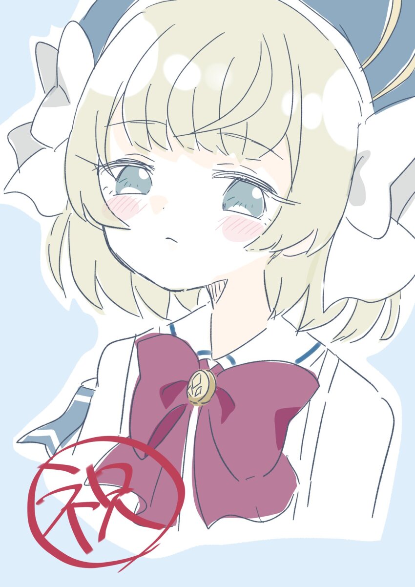 1girl, arms_at_sides, assault_lily, beret, blonde_hair, blue_hat, blush, bow, bowtie, closed_mouth, commentary_request, cropped_arms, cropped_torso, esaka_shizuku, fumi_(fumifumi3axl), grey_eyes, hair_bow, hat, herensuge_girls_academy_school_uniform, highres, looking_at_viewer, no_pupils, red_bow, red_bowtie, school_uniform, shirt, short_hair, simple_background, solo, upper_body, white_background, white_bow, white_shirt