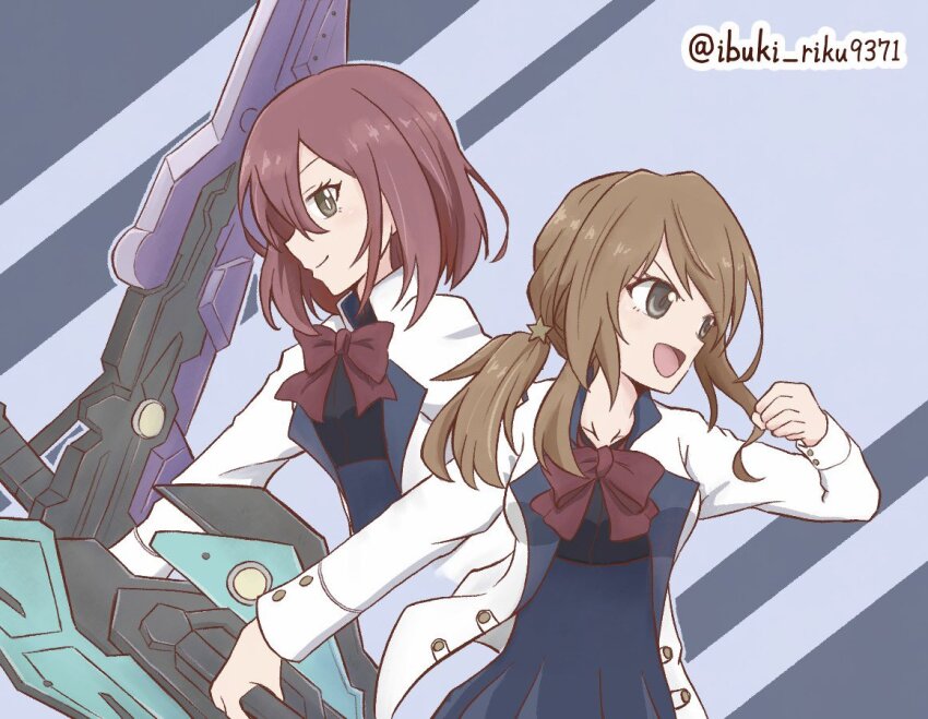 2girls, :d, assault_lily, black_background, blue_background, blue_skirt, bow, bowtie