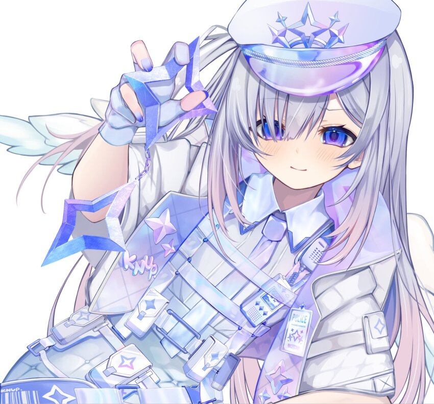 1girl, amane_kanata, amane_kanata_(heavenly_guard_mission), angel, angel_wings, arm_rest, belt_pouch, blue_eyes