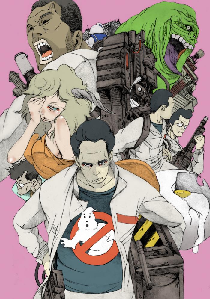 1980s_(style), 1girl, 5boys, animification, antimatter_weapon, bad_id, bad_pixiv_id, bill_murray