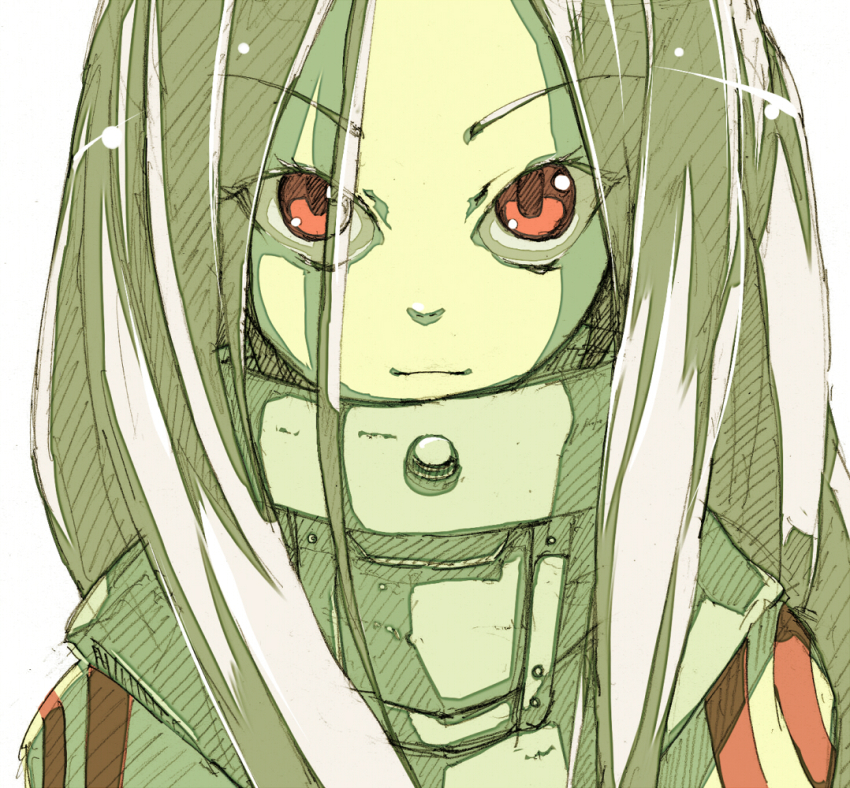 1girl, albino, closed_mouth, deadman_wonderland, eyebrows, eyelashes, eyes_visible_through_hair, female_focus, hair_over_one_eye, high_collar, light_smile, long_hair, looking_at_viewer, page_(page1555), portrait, red_eyes, shade, shiro_(deadman_wonderland), simple_background, solo, tattoo, white_background, white_hair
