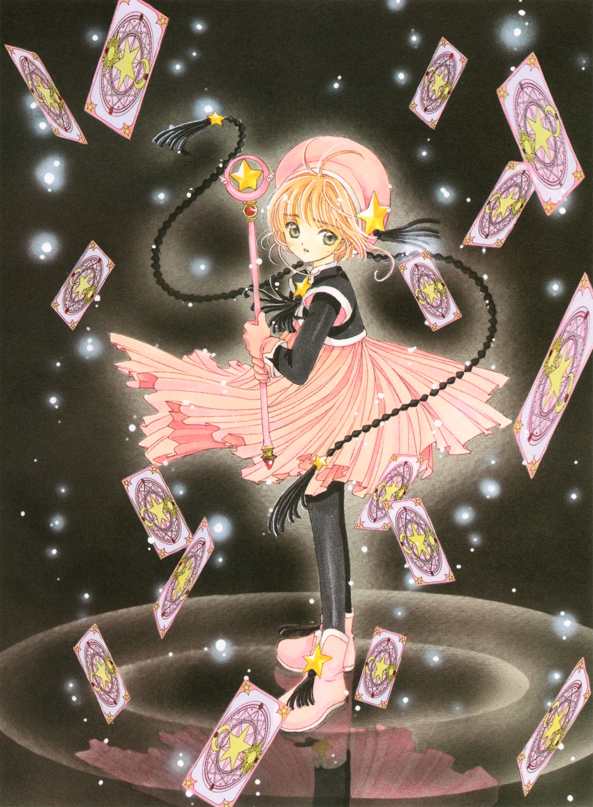 1990s_(style), 1girl, absurdres, black_background, black_pantyhose, black_vest, boots, brown_hair, card, cardcaptor_sakura, child, clamp_(circle), dress, from_side, full_body, gloves, green_eyes, hat, highres, holding, holding_wand, hoshi_no_tsue, kinomoto_sakura, kinomoto_sakura_(final_pink_and_black_costume), light_particles, long_sleeves, looking_at_viewer, magical_girl, official_art, pantyhose, parted_lips, pink_boots, pink_dress, pink_gloves, pink_hat, pleated_dress, reflection, retro_artstyle, scan, short_hair, solo, standing, star_(symbol), vest, wand