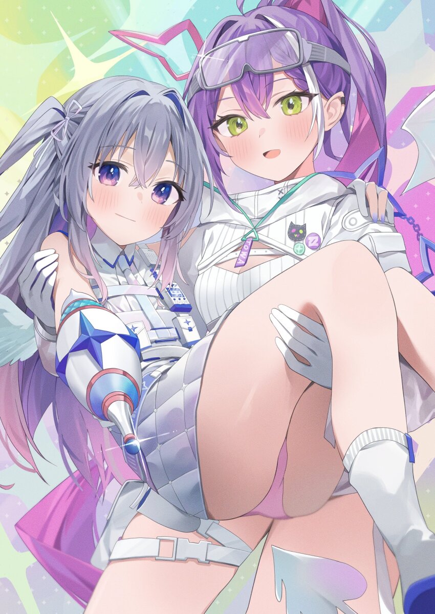 2girls, amane_kanata, amane_kanata_(heavenly_guard_mission), angel, angel_wings, bare_shoulders, blush, breasts