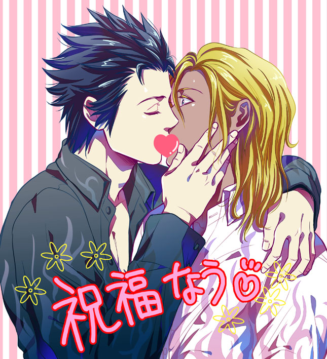 2boys, dark_skin, el_shaddai, enoch, kiss, lucifel_(el_shaddai), male_focus, multiple_boys