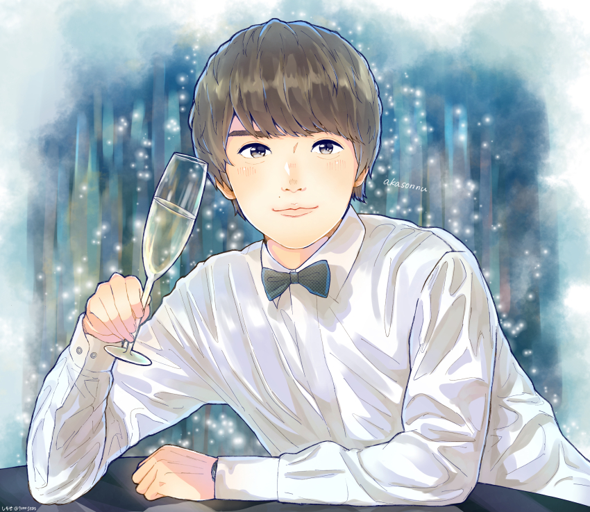 1boy, 30-sai_made_doutei_dato_mahoutsukai_ni_nareru_rashii, absurdres, adachi_kiyoshi, artist_name, bow, bowtie, brown_hair