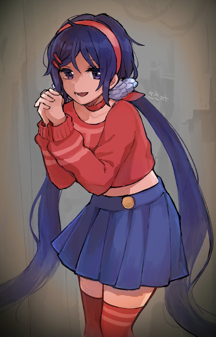 1girl, blue_eyes, blue_hair, blue_skirt, choker, cowboy_shot, crazy_mita_(miside), hair_ornament