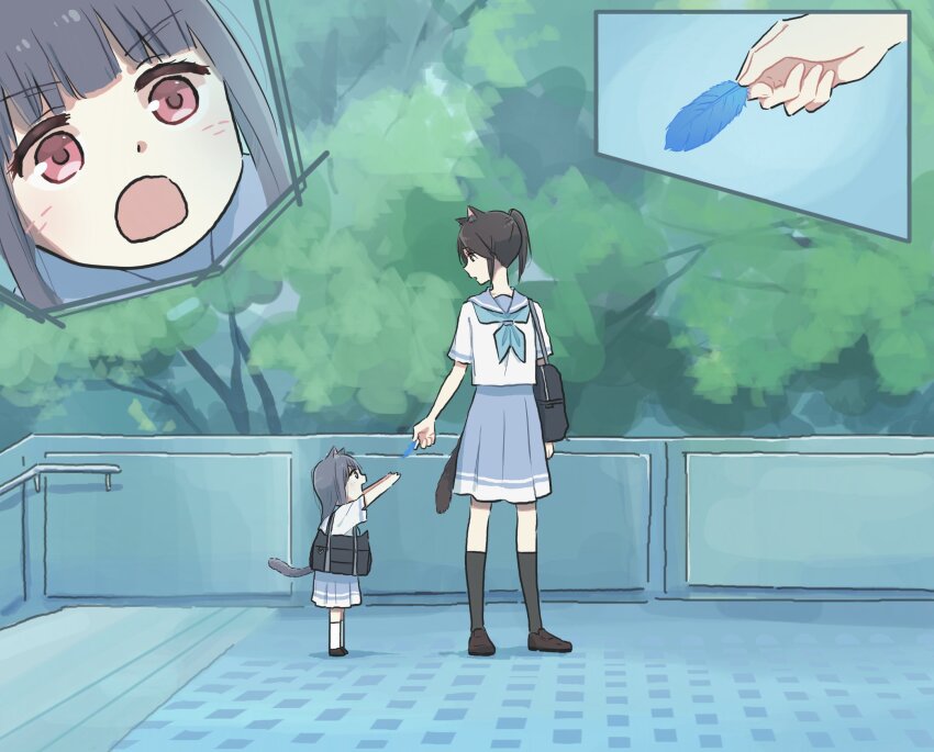 2girls, :o, aged_down, animal_ears, bag, black_bag, black_hair, black_shoes, black_socks, blue_collar, blue_hair, blue_skirt, blunt_bangs, cat_ears, cat_girl, cat_tail, collar, commentary_request, feathers, giving, hibike!_euphonium, highres, holding, holding_feather, inset, kasaki_nozomi, kemonomimi_mode, kneehighs, light_blush, liz_to_aoi_tori, long_hair, looking_at_another, looking_down, looking_up, lyy, metal_floor, multiple_girls, open_mouth, pleated_skirt, ponytail, reaching, red_eyes, sailor_collar, school_uniform, serafuku, shirt, shoes, short_hair, short_sleeves, shoulder_bag, skirt, socks, stairs, stairwell, tail, tree, turning_head, v-shaped_eyebrows, white_shirt, white_socks, window, yoroizuka_mizore