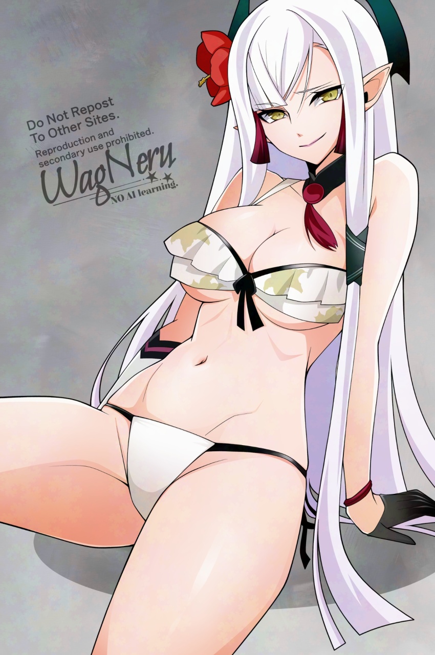 1girl, bare_shoulders, bikini, black_gloves, blush, breasts, cleavage, detached_collar