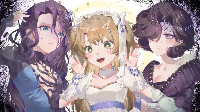 +_+, 3girls, :d, athletic_leotard, black_hair, black_leotard, blanket, blonde_hair, blue_eyes, blue_leotard, breasts, cleavage, cleavage_cutout, closed_mouth, clothing_cutout, dress, fishnet_veil, frown, furrowed_brow, green_eyes, guni_(9guniguni), hair_ornament, hair_over_one_eye, hand_up, highres, holding, holding_blanket, leaf_hair_ornament, leotard, long_hair, multicolored_leotard, multiple_girls, open_mouth, puffy_short_sleeves, puffy_sleeves, purple_dress, purple_eyes, purple_hair, reverse:1999, short_sleeves, single_bare_shoulder, smile, sotheby, swaddled, sweat, teeth, tuesday_(reverse:1999), two-tone_leotard, two_side_up, upper_body, upper_teeth_only, white_background, white_dress, willow_(reverse:1999)