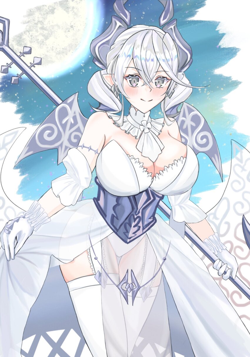 1girl, bare_shoulders, blush, breasts, cleavage, cowboy_shot, dress, drill_hair