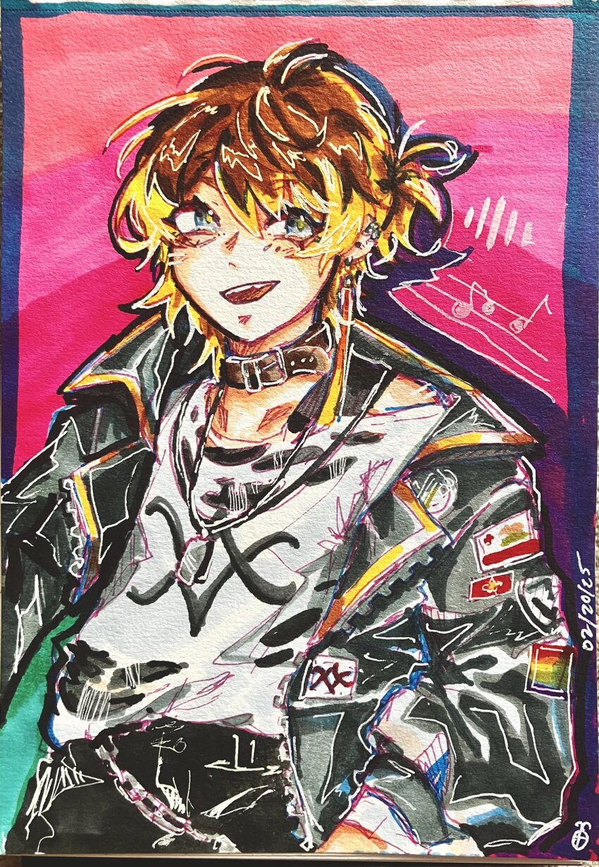 1boy, :d, black_choker, black_jacket, black_pants, blonde_hair, brown_hair, choker