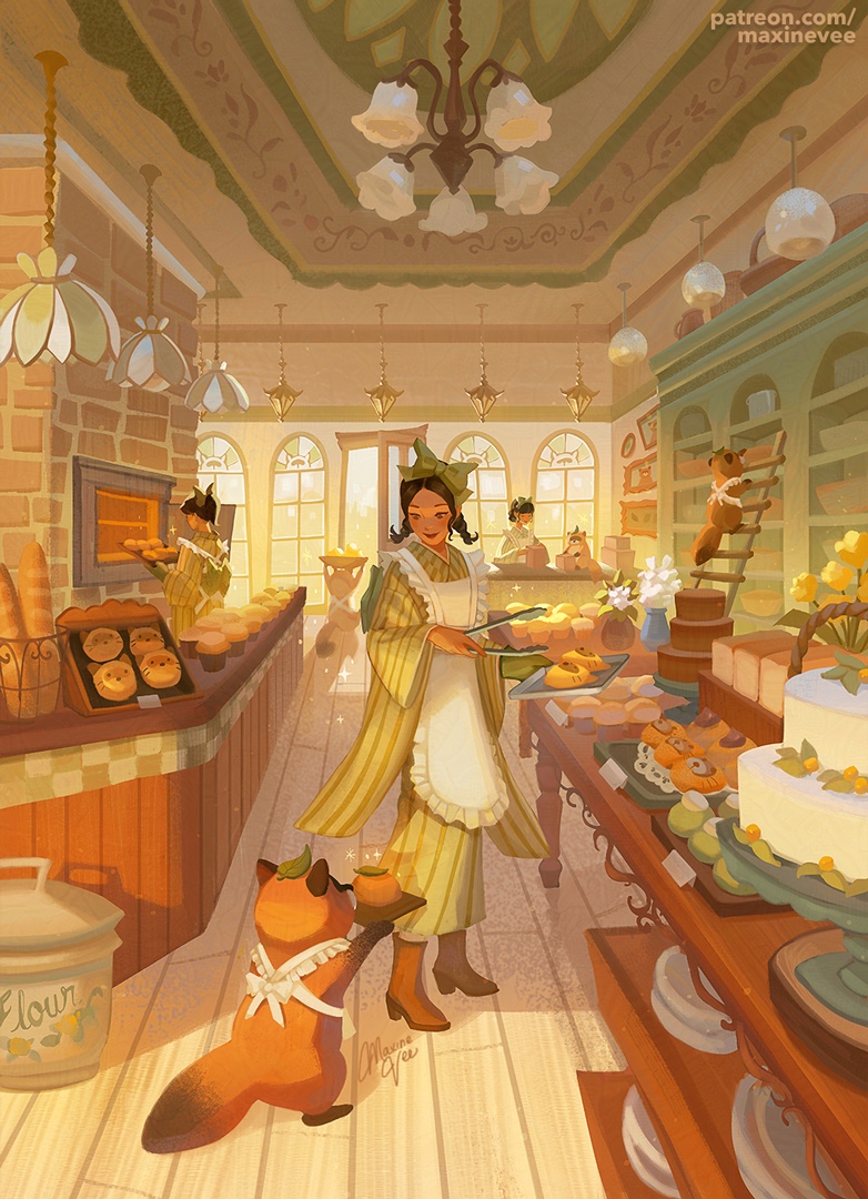 3girls, animal, animal_in_clothes, apron, baguette, bakery, baking, baking_sheet