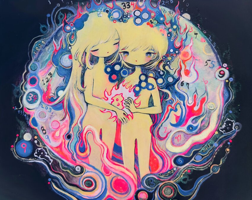 2girls, abstract_background, bright_pupils, closed_eyes, closed_mouth, colored_skin, creature, fire, highres, light_blush, long_hair, merchandise_available, multiple_girls, no_nipples, nude, original, painting_(medium), red_lips, short_hair, si-ku, standing, traditional_media, white_hair, white_pupils, white_skin