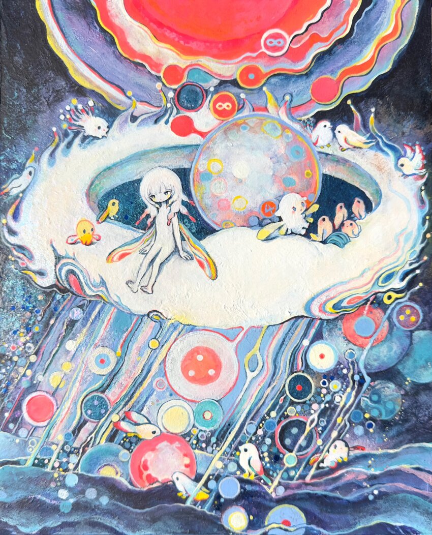 1girl, abstract_background, bird, bright_pupils, closed_mouth, colored_skin, creature, feet, gradient_hair, highres, infinity_symbol, light_blush, looking_down, merchandise_available, multicolored_hair, no_nipples, nude, original, painting_(medium), psychedelic, red_hair, red_lips, si-ku, sitting, traditional_media, water, white_hair, white_pupils, white_skin, wings